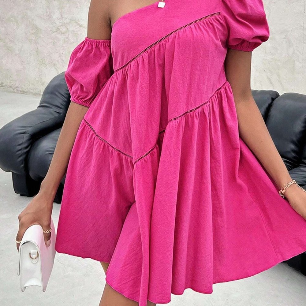 Pink Boho Womens Asymmetrical Neck Puff Sleeve Smock Dress - Picture 5 of 5